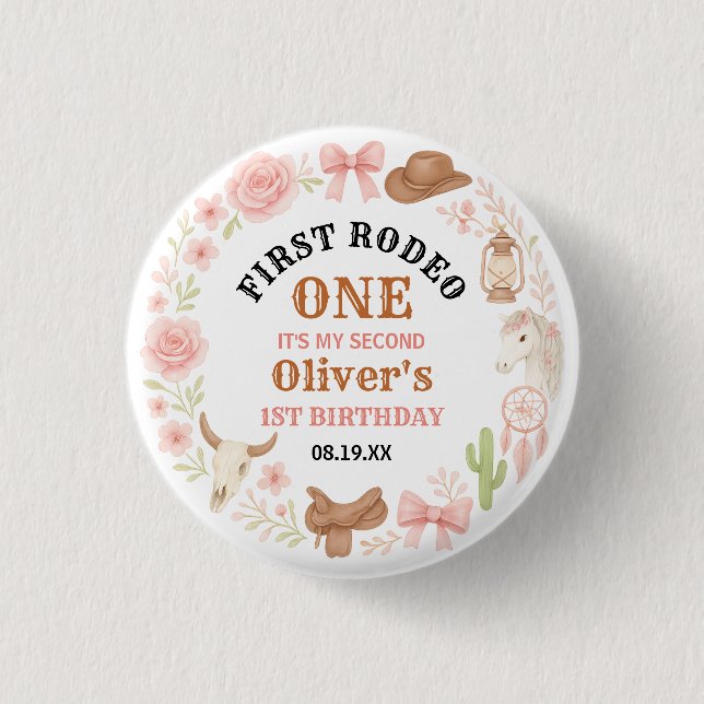 Western Coquette Cowgirl 1st Birthday Cute Pink Button (Front)