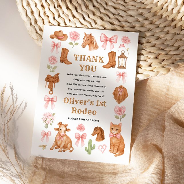 Western Coquette Cowgirl 1st Birthday Cute Pink Thank You Card (Western Coquette Cowgirl 1st Birthday Cute Pink Thank You Card)