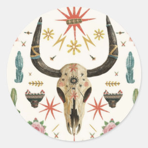 Western Country Aztec Bull Skull cactus Cacti Classic Round Sticker