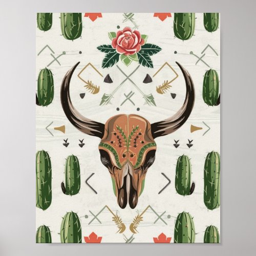 Western Country Aztec Bull Skull cactus Cacti Poster