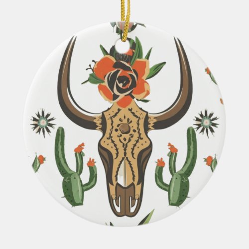 Western Country Aztec Bull Skull Cactus Pattern Ceramic Ornament