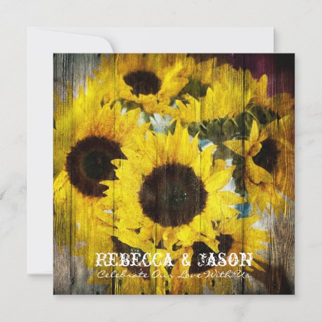 western country barn wood yellow sunflower wedding invitation (Front)