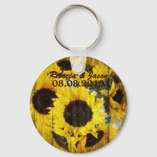 western country barn wood yellow sunflower wedding keychain (Front)