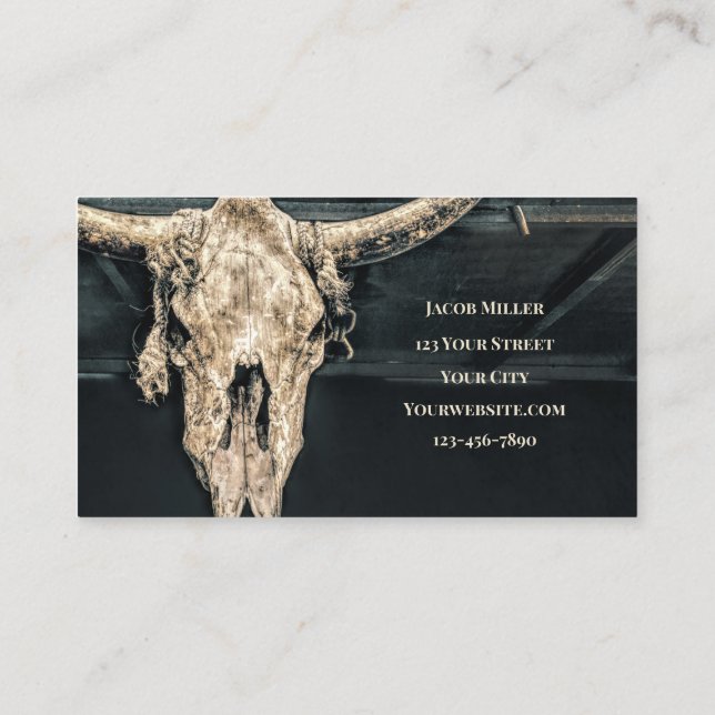 Western Country Beige Gray Rustic Bull Cow Skull Business Card (Back)