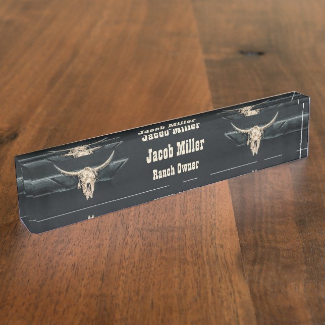 Western Country Beige Gray Rustic Bull Cow Skull Desk Name Plate (Side)