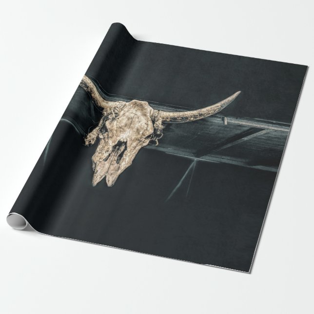 Western Country Beige Gray Rustic Bull Cow Skull Wrapping Paper (Unrolled)