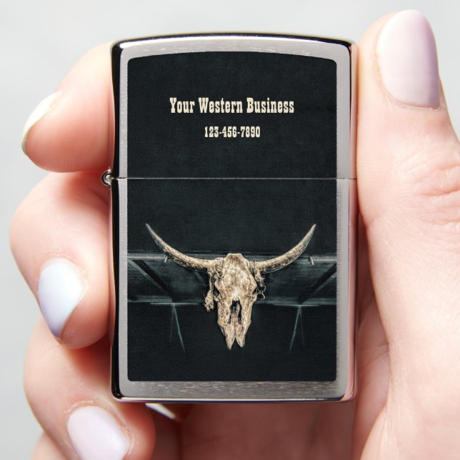 Western Country Beige Gray Rustic Bull Cow Skull Zippo Lighter (In Hand)