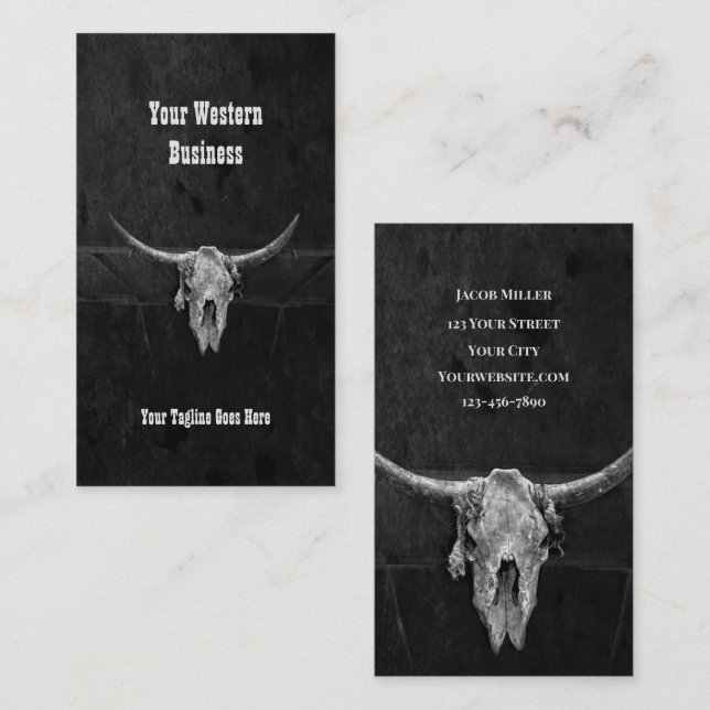 Western Country Black And White Cowboy Bull Skull Business Card (Front/Back)