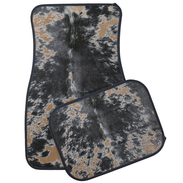 Western Country Black Tan and White Cowhide Print Car Floor Mat (Set)