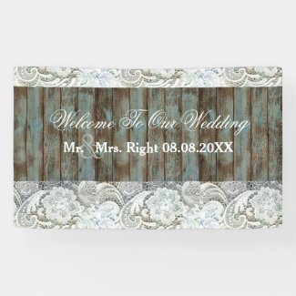 western country blue barn wood lace wedding banner