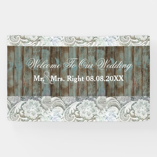 western country blue barn wood lace wedding banner (Horizontal)