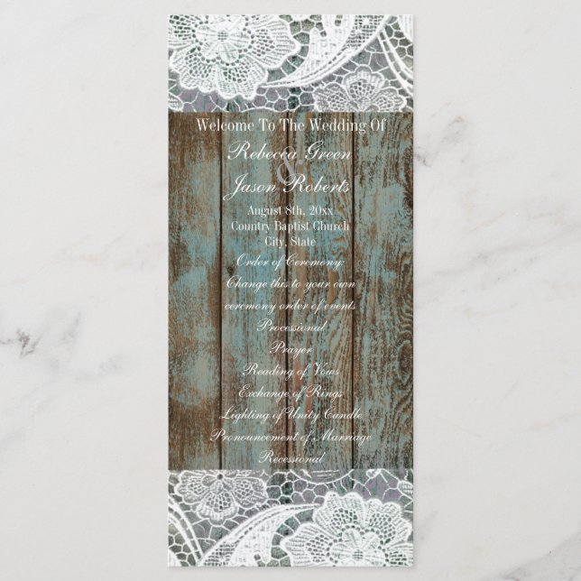 western country blue barn wood lace wedding menu (Front)
