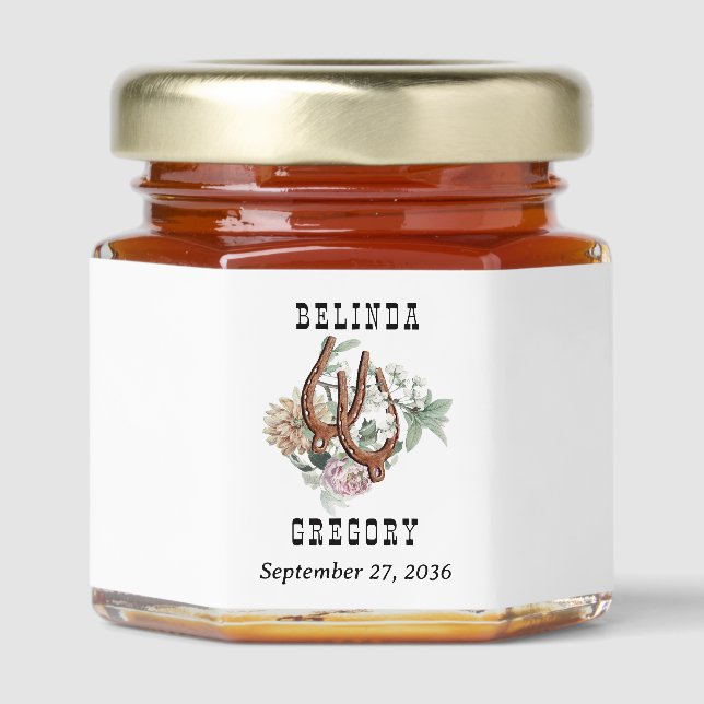 Western Country Boho Cow Skull Wedding Honey Jar Favors (Front)