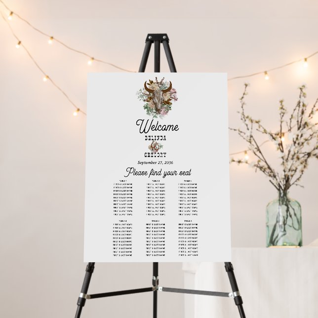 Western Country Boho Cow Wedding Seating Chart Foam Board (In Situ (Stand))