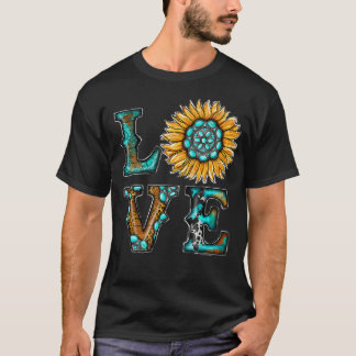 Western Country Boho Turquoise Love Sunflower T-Shirt