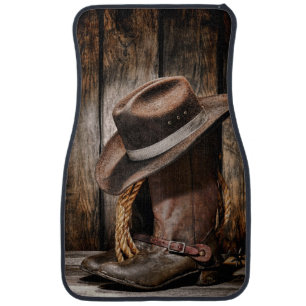 western country brown barn wood cowboy boots car floor mat