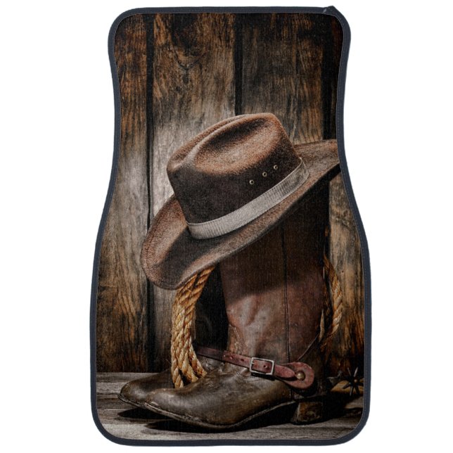 western country brown barn wood cowboy boots car floor mat (Front)