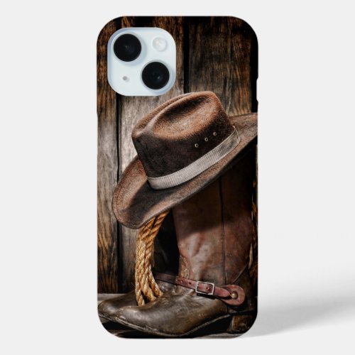 western country brown barn wood cowboy boots iPhone 15 case
