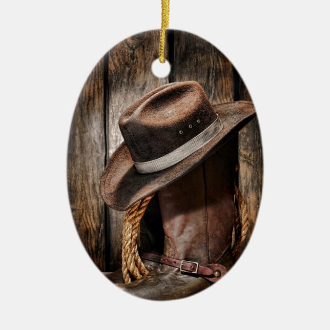 western country brown barn wood cowboy boots ceramic ornament (Front)