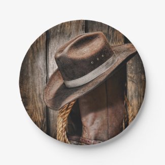 western country brown barn wood cowboy boots paper plates