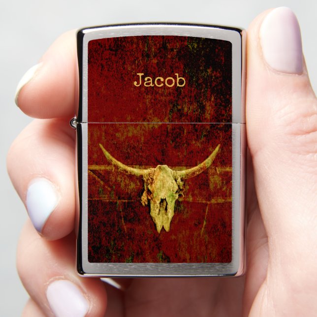 Western Country Brown Rustic Grunge Bull Skull Zippo Lighter (In Hand)