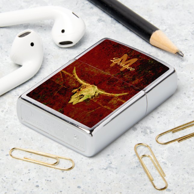 Western Country Brown Rustic Monogram Bull Skull Zippo Lighter (On Table 2)