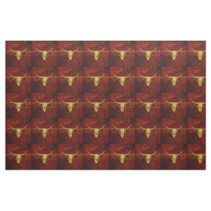 Western Country Brown Rustic Pattern Bull Skull Fabric