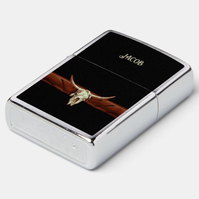 Western Country Bull Skull Brown Cowboy Inspired Zippo Lighter (Angled)