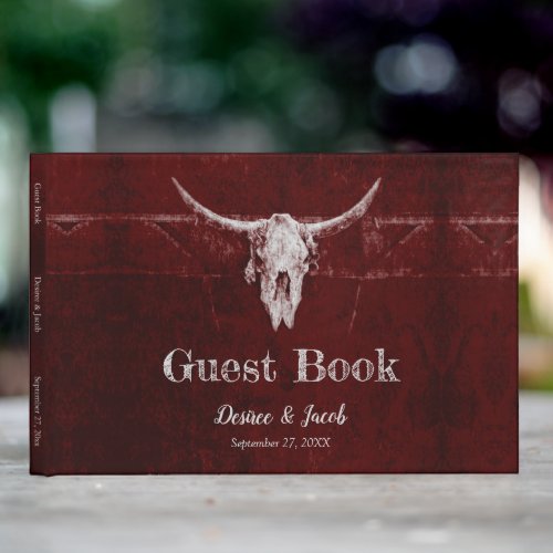 Western Country Burgundy Rustic Bull Skull Texture Guest Book