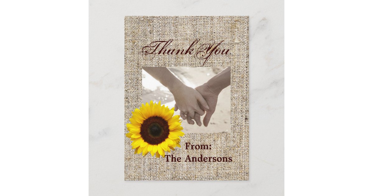 Western Country Burlap Sunflower Wedding thank you Postcard | Zazzle