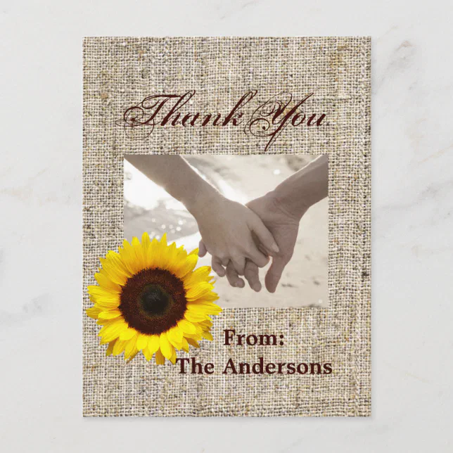 Western Country Burlap Sunflower Wedding thank you Postcard | Zazzle