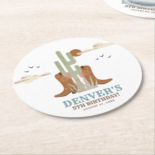 Western Country Cowboy Birthday Rustic  Round Paper Coaster