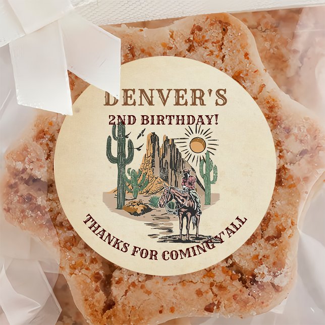 Western Country Cowboy Birthday Thank You  Classic Round Sticker (Creator Uploaded)