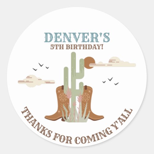 Western Country Cowboy Birthday Thank You Favor Classic Round Sticker