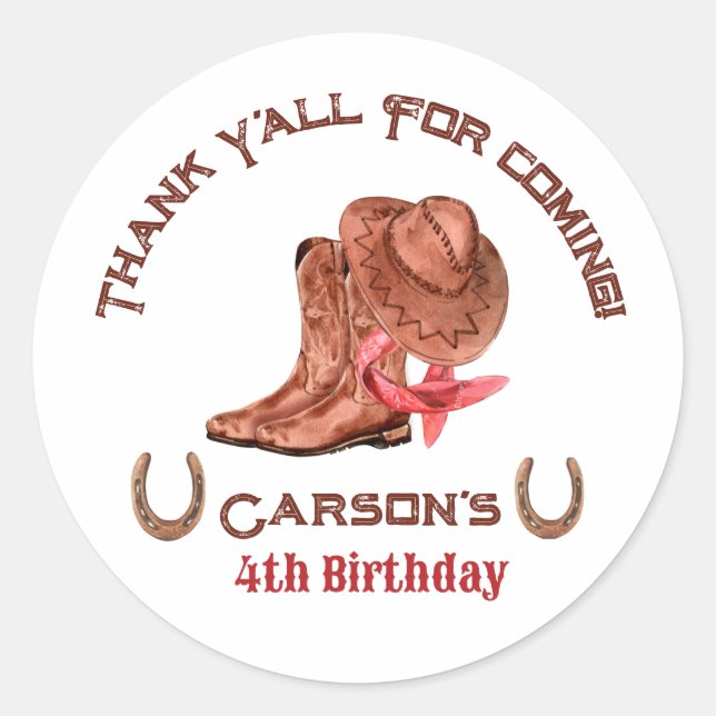 Western Country Cowboy Birthday Thank You Favor  Classic Round Sticker (Front)