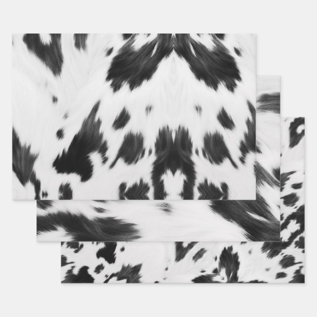 Western Country Cowboy Black White Cow Print Wrapping Paper Sheets (Set)