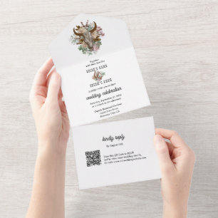 Western Country Cowboy Boho Cow Skull Wedding All In One Invitation