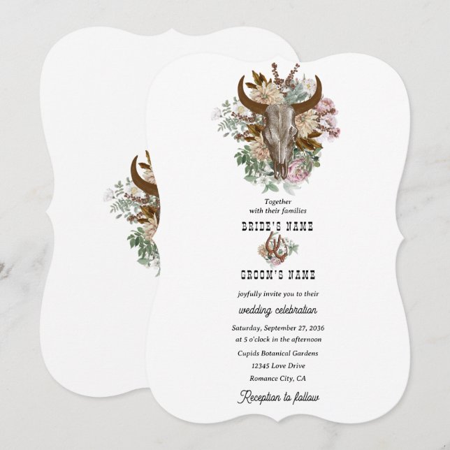 Western Country Cowboy Boho Cow Skull Wedding Invitation (Front/Back)