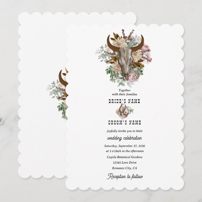 Western Country Cowboy Boho Cow Skull Wedding Invitation (Front/Back)