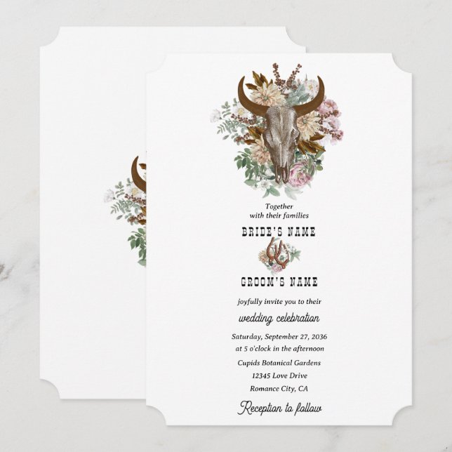 Western Country Cowboy Boho Cow Skull Wedding Invitation (Front/Back)