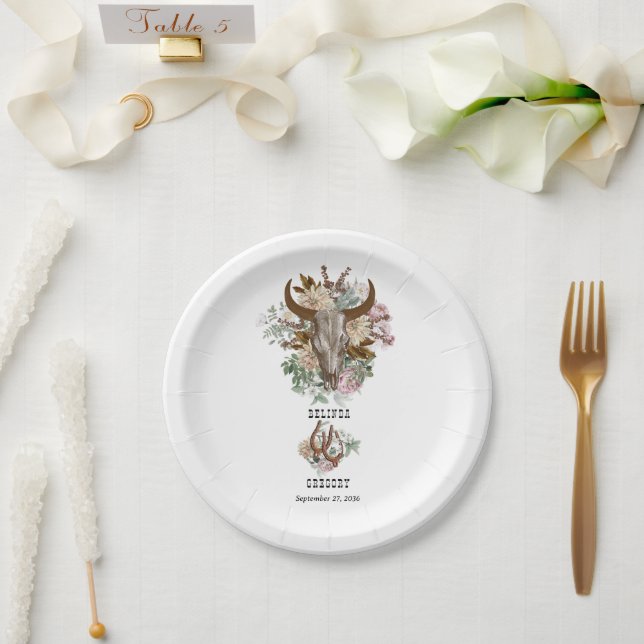 Western Country Cowboy Boho Cow Skull Wedding Paper Plates (Wedding)