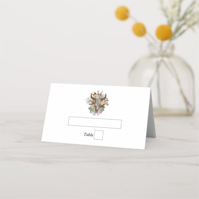 Western Country Cowboy Boho Cow Skull Wedding Place Card (Front)