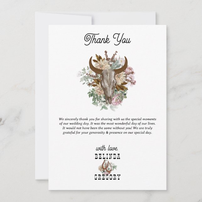 Western Country Cowboy Boho Cow Skull Wedding Thank You Card (Front)