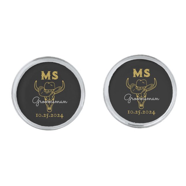 Western Country Cowboy Monogram Groomsmen Black Cufflinks (Front)