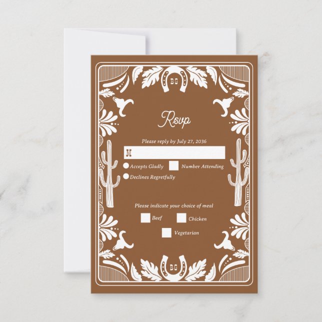 Western Country Cowboy Rustic Wedding Brown RSVP Card (Front)