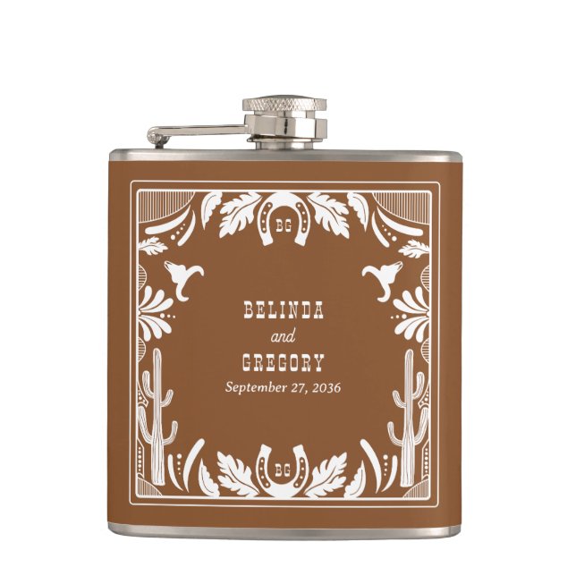 Western Country Cowboy Rustic Wedding  Flask (Front)