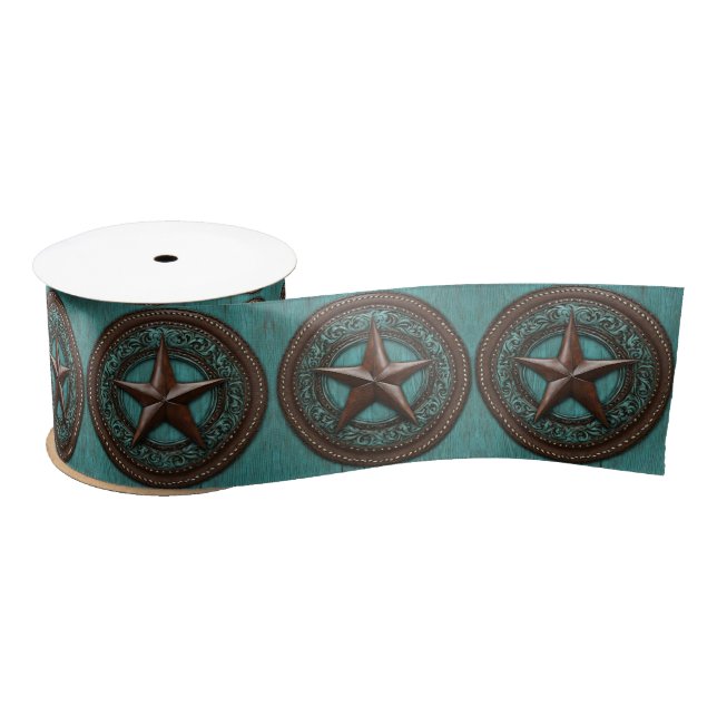 Western Country Cowboy Turquoise Brown Texas Star Satin Ribbon (Spool)