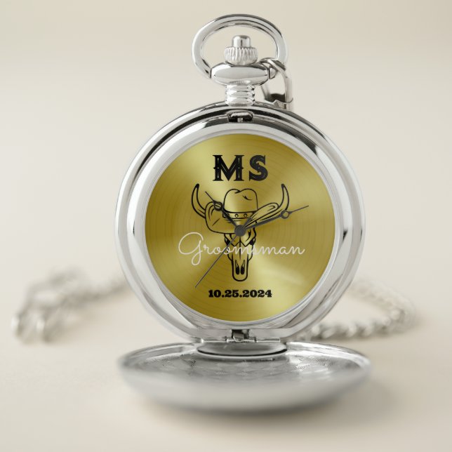 Western Country Cowboy Wedding Monogram Groomsmen Pocket Watch (Inside)