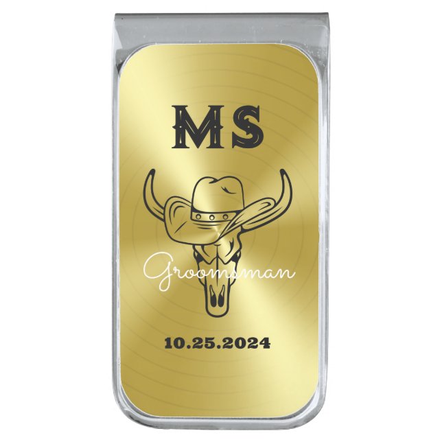 Western Country Cowboy Wedding Monogram Groomsmen Silver Finish Money Clip (Front Vertical)