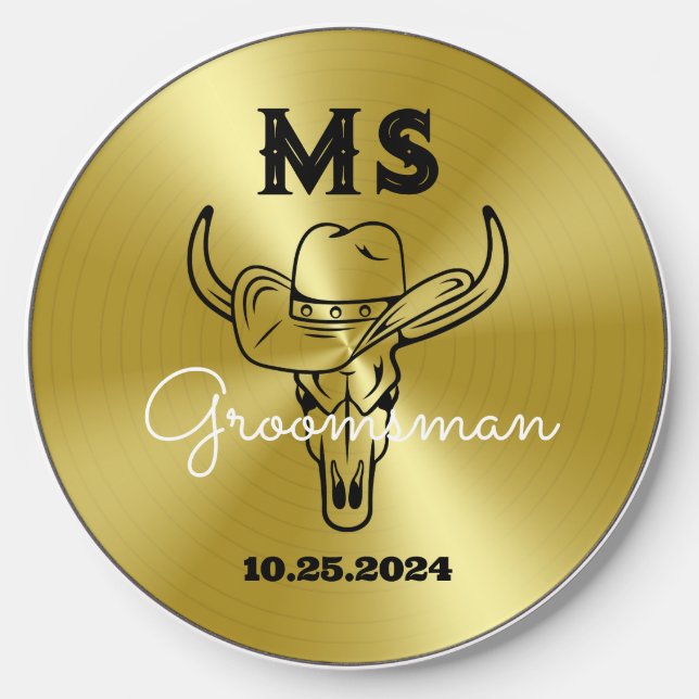 Western Country Cowboy Wedding Monogram Groomsmen Wireless Charger (Front)